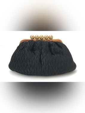 Vintage Designer Carla Marchi Little Black Pleated Evening Clam Purse Clutch